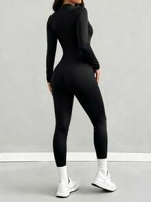 AiTyi Women's High Neck Front Cutout Long Sleeve Slim Fit Jumpsuit, Back Zipper, Autumn Hot Girl Style Daily Wear Slim Fit Jumpsuit - Black - View 10
