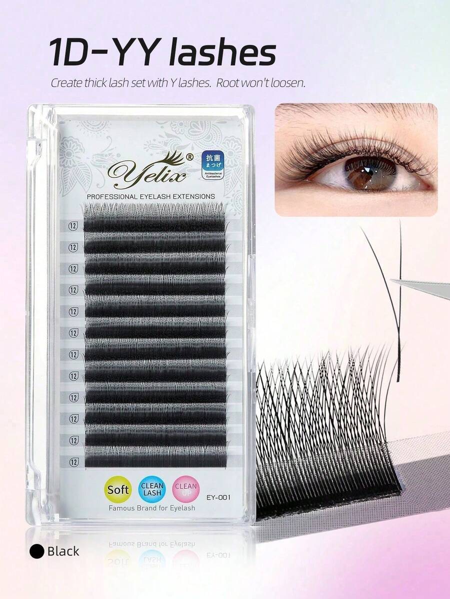 12 Rows Black Y-Shaped Pre-Fanned Y-Type Eyelash Extensions, Mini Fluffy Flower Style, C Curl, 0.07/0.10mm Thickness Holiday Lashes - View 1