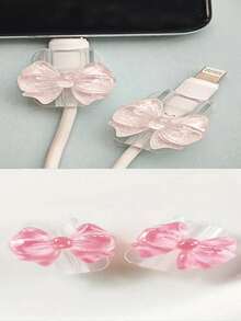 2 Pink Bow Universal Lightning (5-14) Type-C Data Cable Protector - Shockproof, Stylish Phone Accessory Design - Plastic Material, With Cute Bow Decoration, Charging Cable Protector - Multiple Styles - View 13
