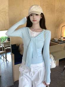 Women's Korean Style Minimalist Sexy Contrast Color Navy Shawl Collar Button Design Slim Fit Long Sleeve T-Shirt Top, Autumn - Blue - View 3