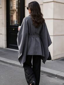 Women's Fashion Gray Tie-Front Shawl Coat, Woven Fabric, Long Sleeve, Regular Length, Suitable For Autumn/Winter - Grey - View 4