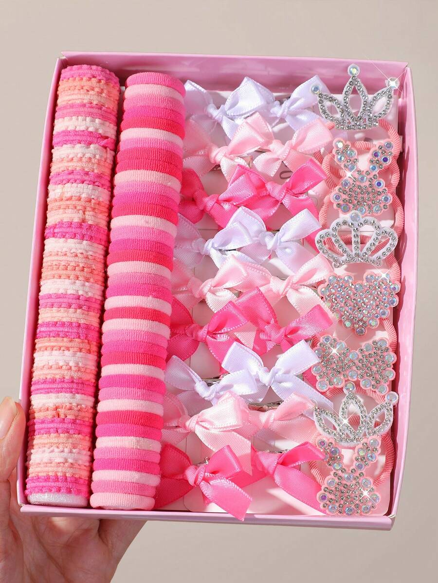111pcs Girls Pink Rhinestone Heart Bow Crown Hair Ties Ribbon Bow Hair Clips Thumb Rings High Elasticity Durable Non-Damaging Hair Bands For Daily Use - Pink - View 1