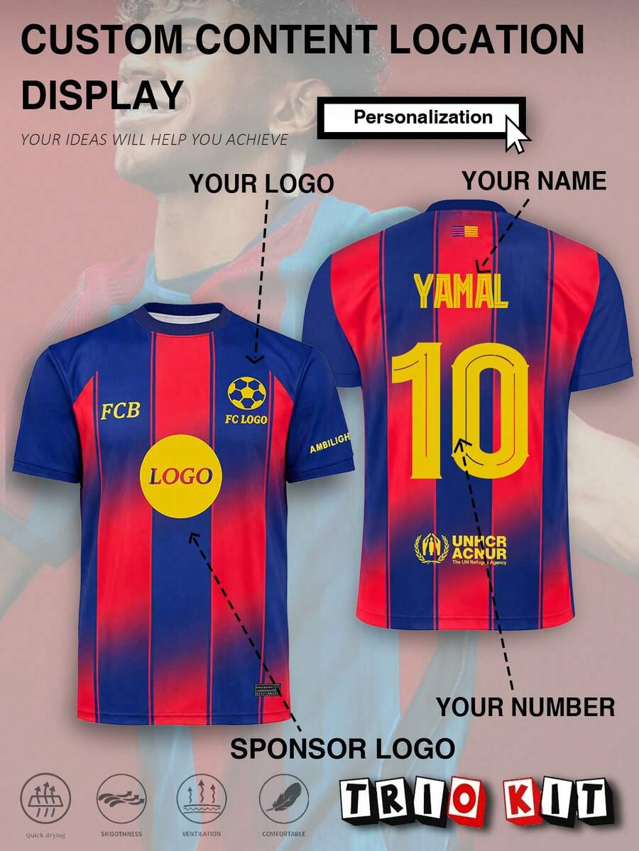 Personalized Customized Barcelona Men's Football Jersey & Youth Lightweight Soft Blue-Red Style Shirt & Match, Training, Casual Wear & Gift