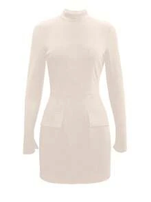 IGKEEL Women's Solid Color Stand Collar Long Sleeve Slit Slim Fit A-Line Dress, Elegant Party Dress For Autumn/Winter, Vacation And Date - Apricot - View 9