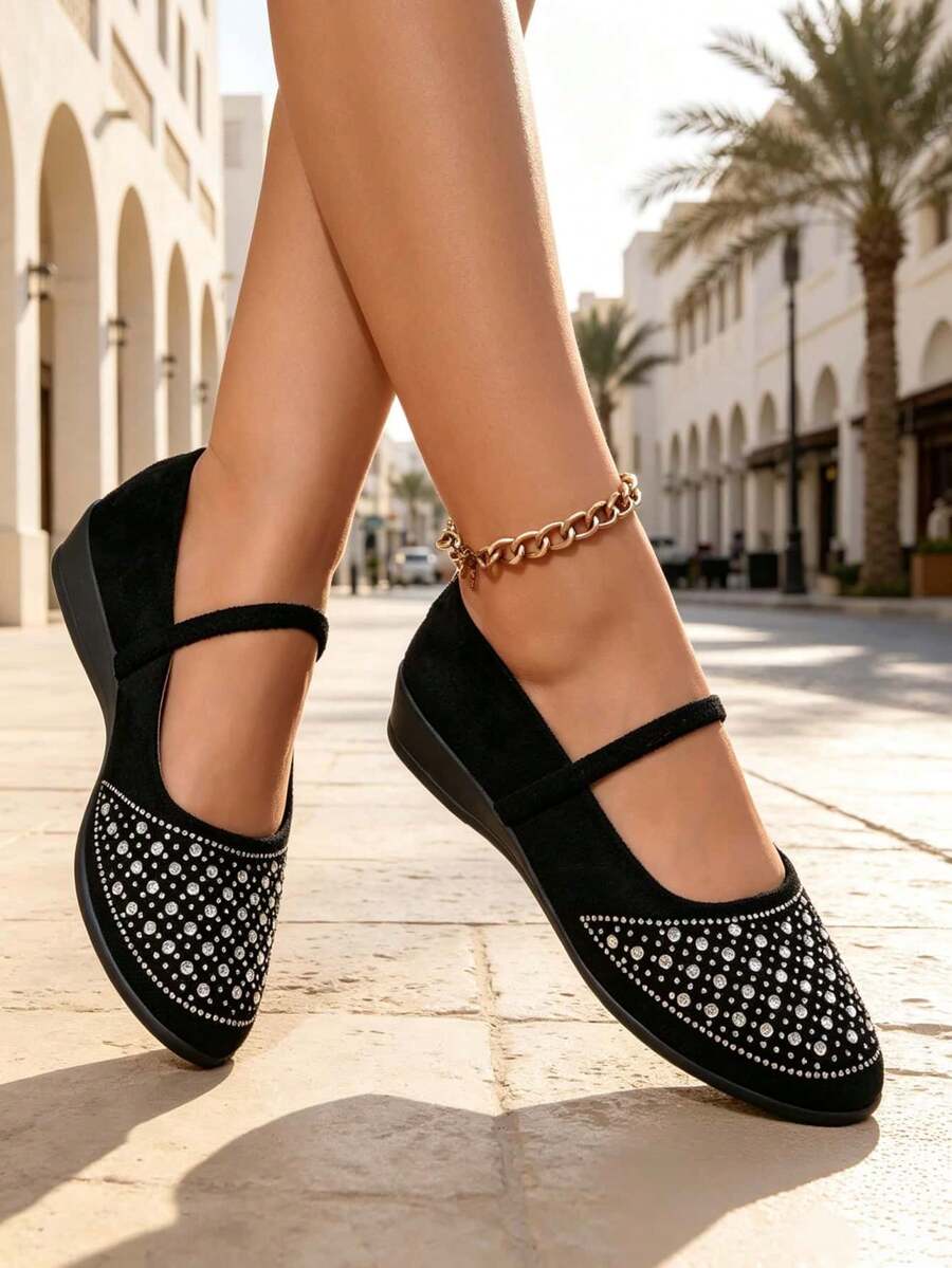Elegant Women's Shoes-Rhinestone-Embellished Mary Jane Wedges; Suitable For Halloween, Christmas, And Everyday Wear. - Black - View 1