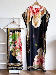 1 Set Elegant Floral Print Faux Silk Robe Set For Women Beach Sun Protection Pullover Shawl With Satin Scarf, Perfect For Layering And Daily Wear - Multicolor - View 10