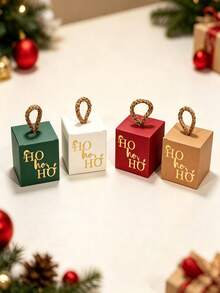 10Pcs Christmas Cube Gift Boxes With Rope Loop Handle, Red Green White And Kraft Paper Favor Boxes, Mini Holiday Gift Packaging For Cookies, Candy, Small Gifts, Christmas Tree Decorations, Party Favors, Easy To Assemble - Multicolor - View 4