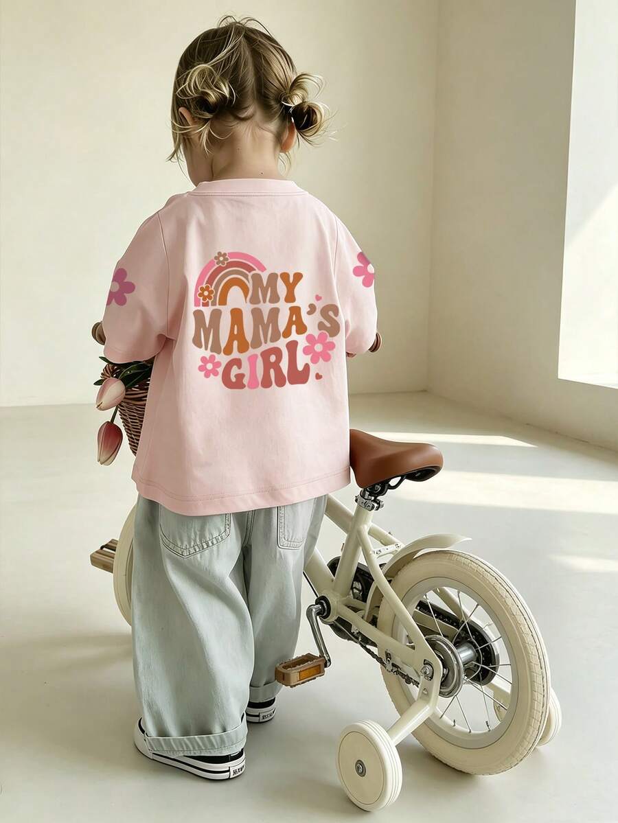 Baby Girls Minimalist "Mama's Girl" Letter Print Crew Neck Short Sleeve Cute Tee - Pink - View 1
