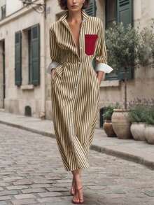Autumn Casual Vacation Striped Colorblock Shirt Pocket Midi Dress - Khaki - View 4