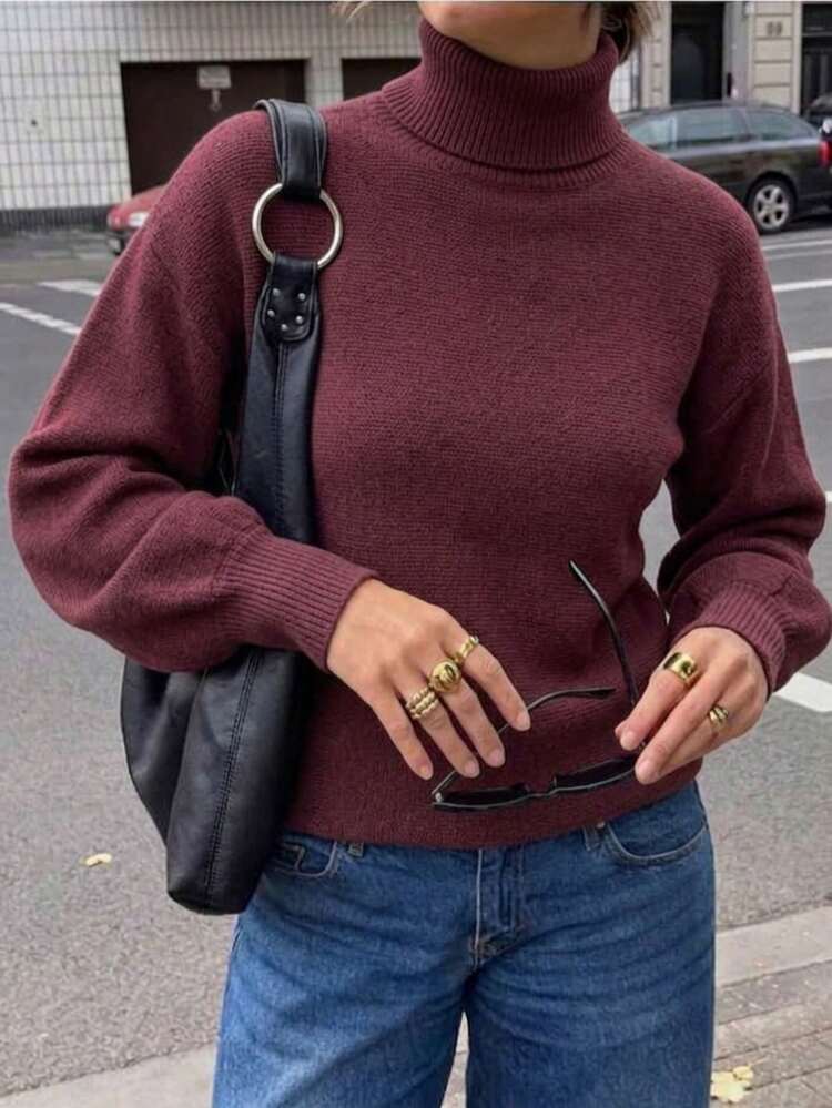 Women's High Neck Knit Sweater, Burgundy, Casual Autumn/Winter - Burgundy - View 7