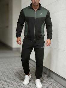 Men's Colorblock Stand Collar Zip-Up Jacket And Joggers 2-Piece Set, Casual Commute Outdoor Running Sports Outfit, Suitable For Spring And Autumn - Black - View 1