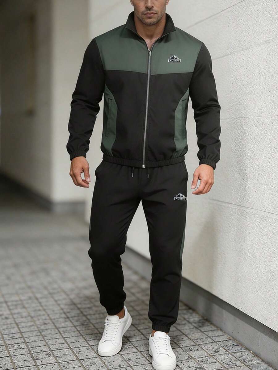 Men's Colorblock Stand Collar Zip-Up Jacket And Joggers 2-Piece Set, Casual Commute Outdoor Running Sports Outfit, Suitable For Spring And Autumn - Black - View 1