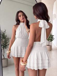 Elegant White Halter Neck Backless Mini Dress With Layered Ruffle Hem, Suitable For Summer Parties, Beach Vacations, Holidays And Graduation Weddings - White - View 3