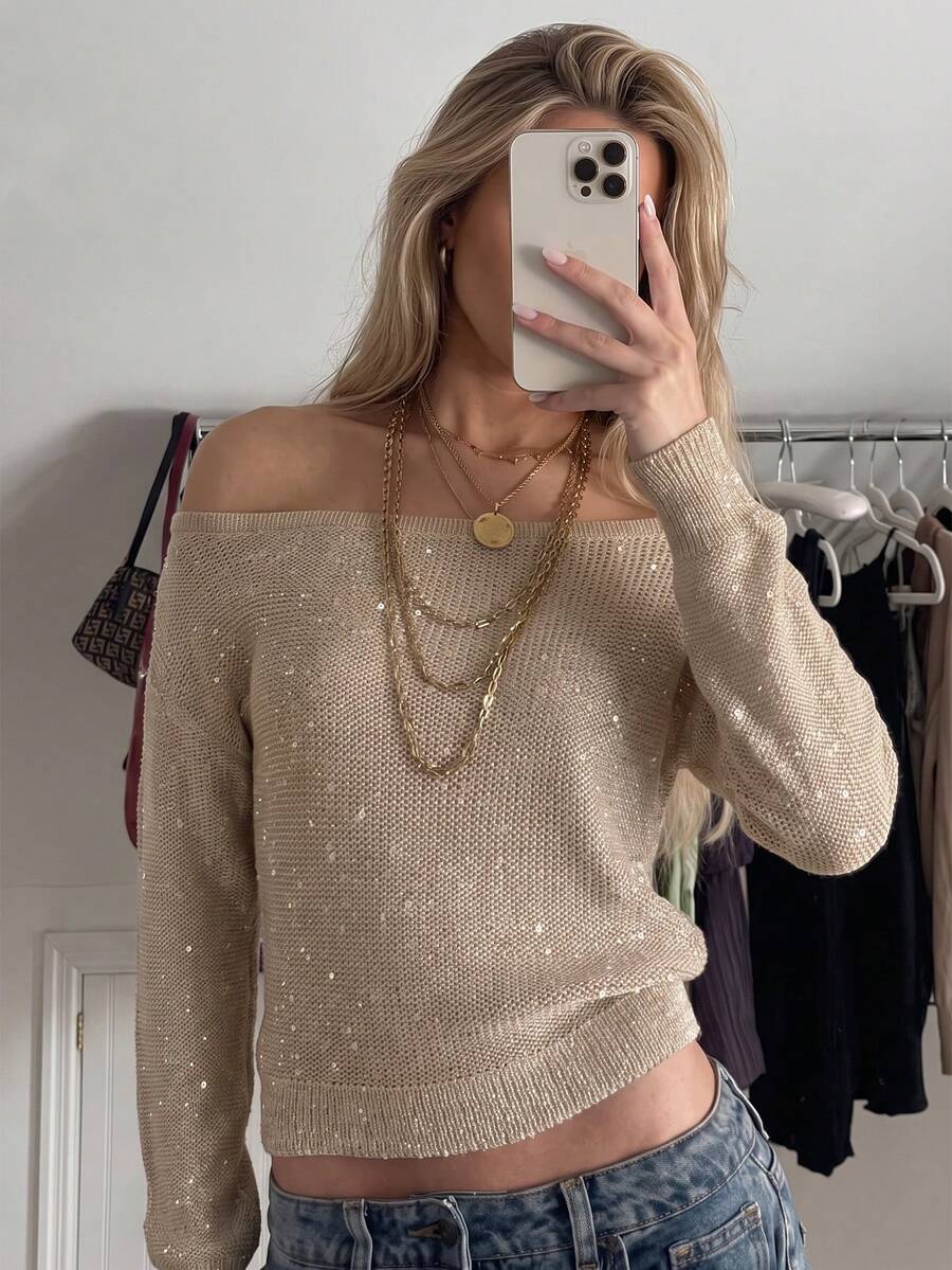Live To Mo Autumn Y2K Women's Casual Open Shoulder Knit Top, Fashionable Sequin Sweater, Suitable For Back To School And Daily Wear - Khaki - View 1
