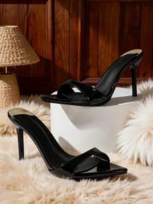 Black Patent Leather Pointed Stiletto Mule Slides, Backless Open Toe Slip On Sandals, Fashion Sexy Heels For Club Banquet - Black - View 8