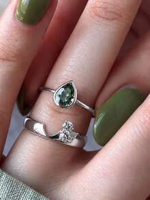 Tsnamer 2pcs Unique Bezel-Set Pear-Shaped Cubic Zirconia Rings, Women's Stacking Rings, Suitable For Various Occasions - Silver - View 2