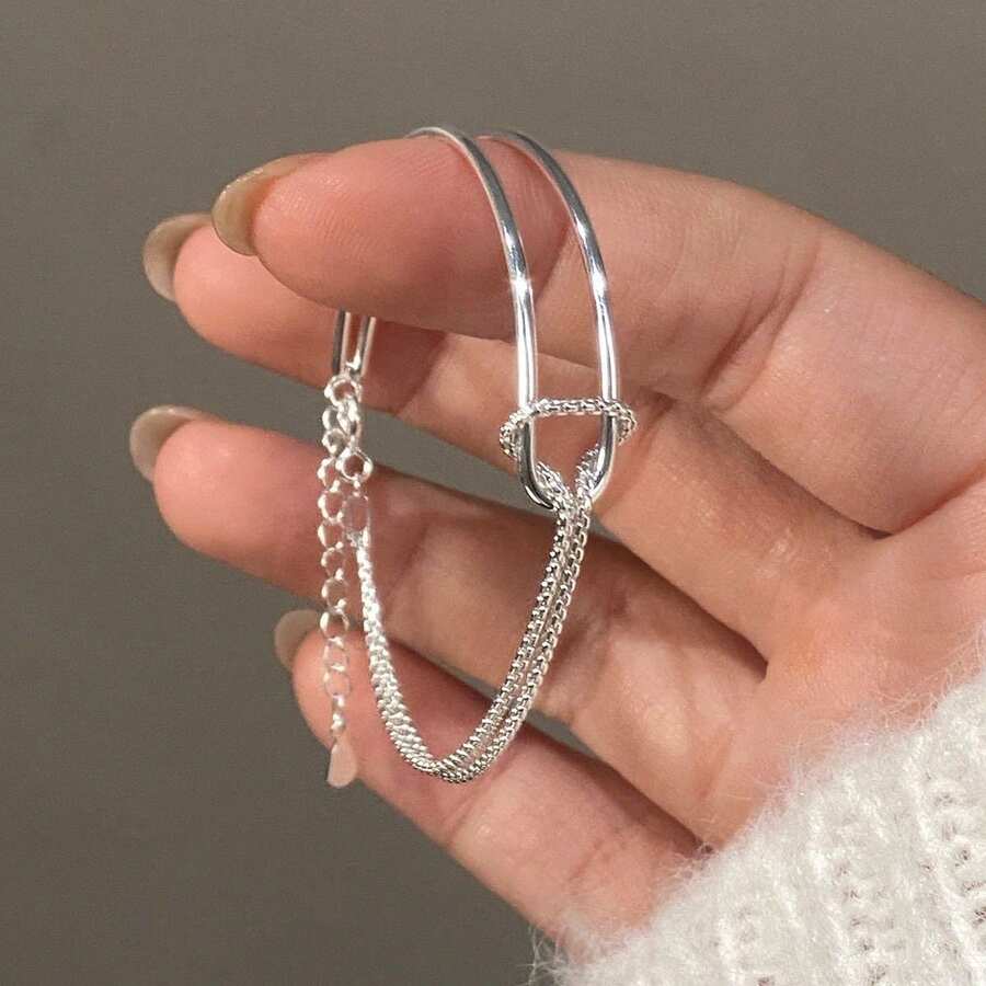 1pc Minimalist Niche Asymmetric Double Layer Curved Tube & Starry Spliced Half Chain Bracelet - Antique Silver - View 1