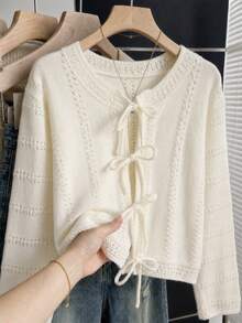JIANHU Autumn/Winter Beige Hollow-Out Lace-Up Knit Cardigan - White - View 2