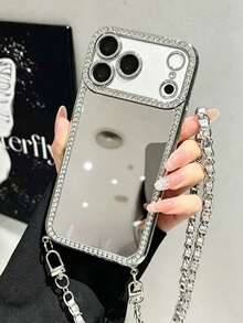 A Leather Chain Lanyard Rhinestone Electroplated Laser Engraved Mirror TPU Phone Case Compatible With IPhone 17/16/11 Pro/11 Pro Max/12/Phone 12 Pro/11 Pro Max/ 12/ 12 Pro/12 Pro Max/ 13/ 13 Pro/13 Pro Max/ 14/ 14 Pro/ 16 Plus/14 Pro Max/ 15/ 15 Pro/ 15 Plus/16 Pro Max/Protective Case - Silver - View 1