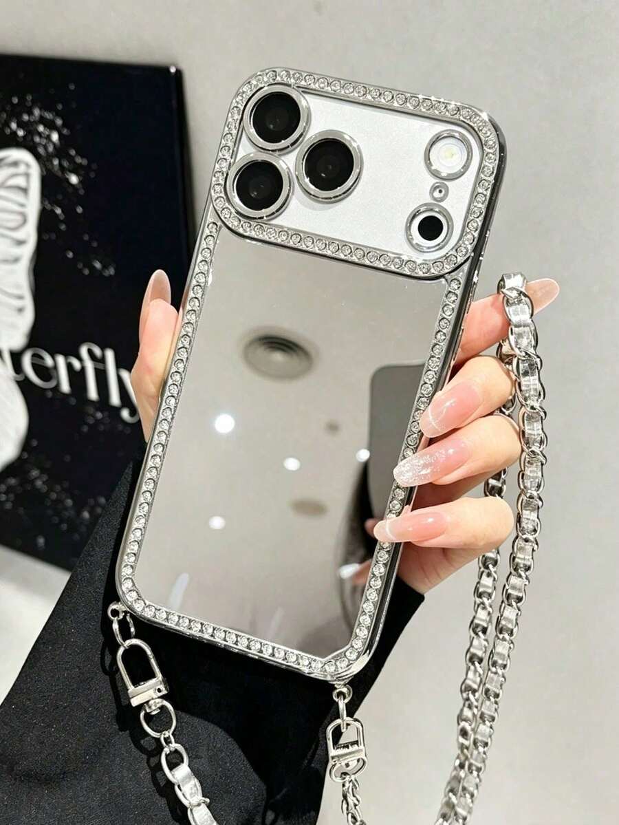 A Leather Chain Lanyard Rhinestone Electroplated Laser Engraved Mirror TPU Phone Case Compatible With IPhone 17/16/11 Pro/11 Pro Max/12/Phone 12 Pro/11 Pro Max/ 12/ 12 Pro/12 Pro Max/ 13/ 13 Pro/13 Pro Max/ 14/ 14 Pro/ 16 Plus/14 Pro Max/ 15/ 15 Pro/ 15 Plus/16 Pro Max/Protective Case - Silver - View 1