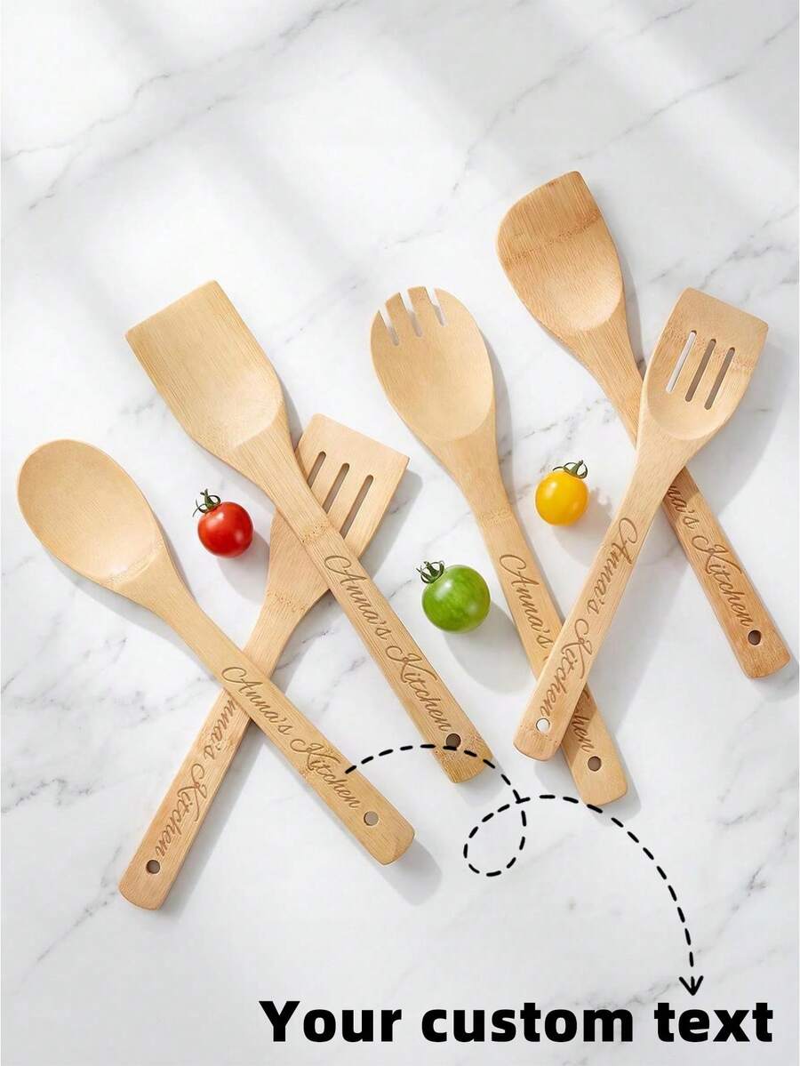 Personalized 6pcs Bamboo Kitchen Utensil Set, Simple Cooking Tools, Stir-Fry Spatula, Cookware, Easy To Clean Multi-Functional - Creative Gift For Wedding, Outdoor, Birthday Party, Anniversary, Housewarming, Suitable As Practical Gift For Partner, Friends, Parents - Light Bamboo - View 1