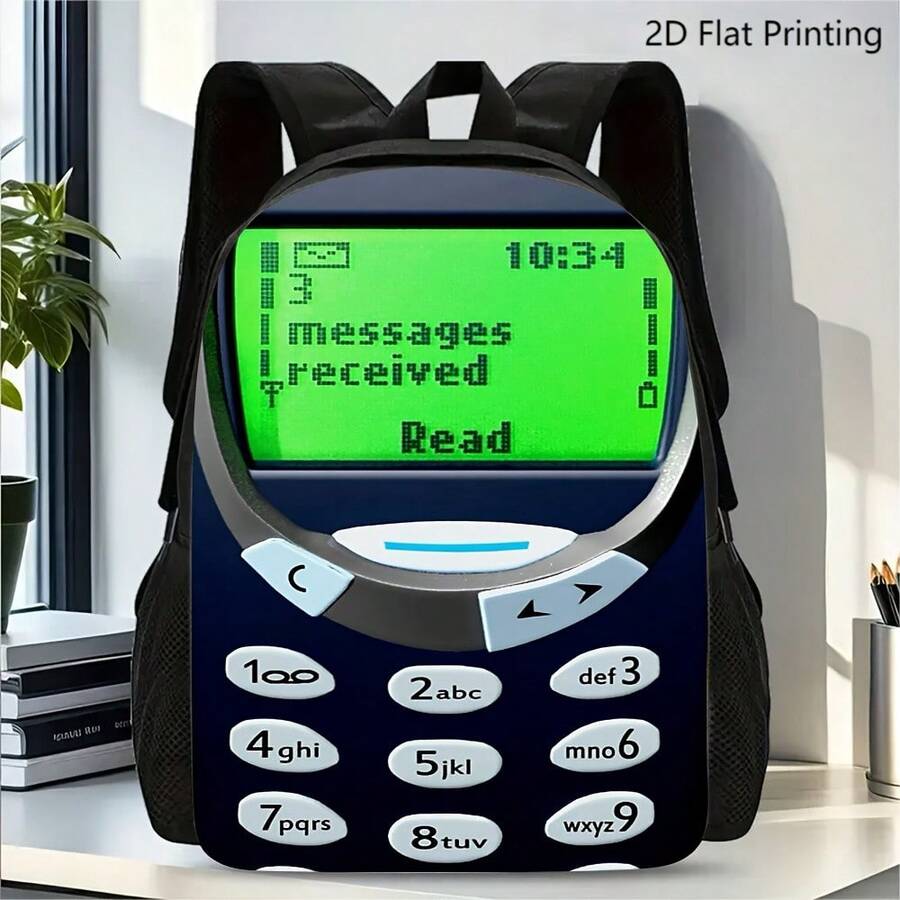 (Rymlig design - Ej texturerad) 1 st 2D-ryggsäck med platt tryck och retro mobiltelefonmeddelandemotiv, trendig vardagsryggsäck för dagliga utflykter och kortare resor - 1 st-A Ryggsäck - Visa 1