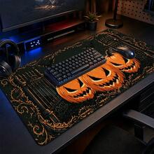1pc Halloween Jack-O'-Lantern And Gothic Castle Print Extended Mouse Pad, Black Orange Bat Vintage Pattern Keyboard Desk Mat, Dark Desktop Decor - View 2