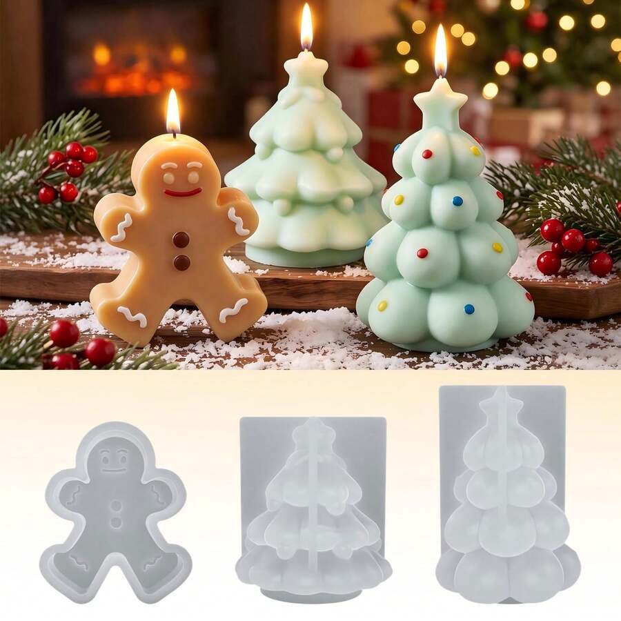 3pcs Christmas Candle Molds, Gingerbread Man & Christmas Tree Silicone Molds, Suitable For DIY Christmas Candles, Handmade Soap, Resin Decor, Plaster Ornaments, Reusable, Easy Release - Mold - View 1