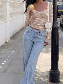 Casual Fashion Bra-Free Striped Square Neck Ruched Chest Padded Long Sleeve Women's T-Shirt, Autumn/Winter New Versatile Daily Y2K, Breathable And Comfortable - Apricot - View 3