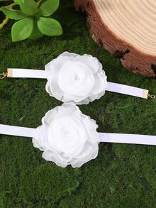 2pcs/Set Girls White Chiffon Large Flower Choker Necklace, Gentle Fairy-Like Fabric Rose Neck Chain, French Vacation Style Collarbone Accessory - White - View 2