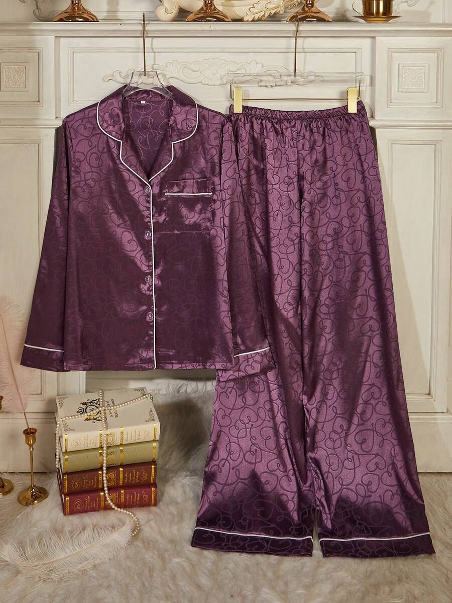 Set Piyama Celana Panjang Lengan Panjang Kancing Depan dengan Saku Tempel Satin Jacquard Hati Musim Gugur/Dingin untuk Wanita - Purple - View 1