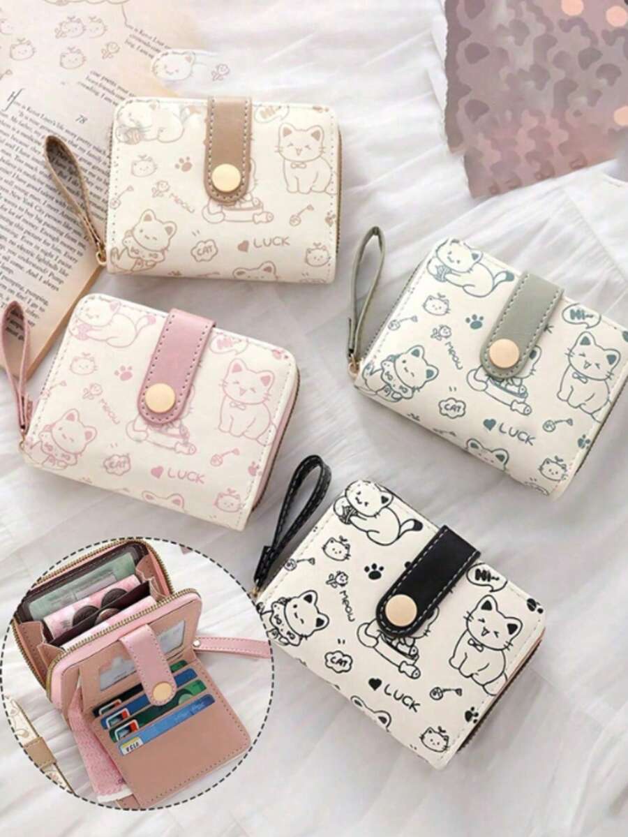 Women's Mini Wallet, Cute Cat Pattern, Small Zipper Coin Purse With Multiple Card Slots And Wrist Strap - Lightweight And Portable, Can Hold Cash, ID Cards And Coins, Large Capacity Short Wallet, Fashionable And Cute Faux Leather Coin Purse, Suitable For Daily Use, Commuting To Work, Also An Ideal Gift For Friends And Family. - Multicolor - View 1