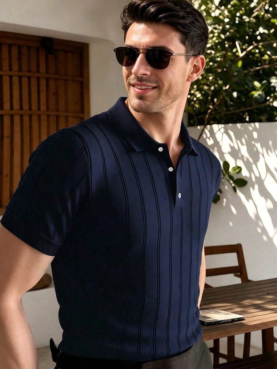 ALTZTAR Men's Ribbed Short Sleeve Polo Neck Knit Top, Suitable For Daily Wear, Outdoor & Commuting - Navy Blue - View 1