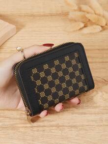 Fashionable Women's Simple Printed Short Wallet Handbag Zipper, Coin Wallet Fashionable Zipper Credit Card Storage Bag, Women's Wallet Card Bag - Coffee - View 1