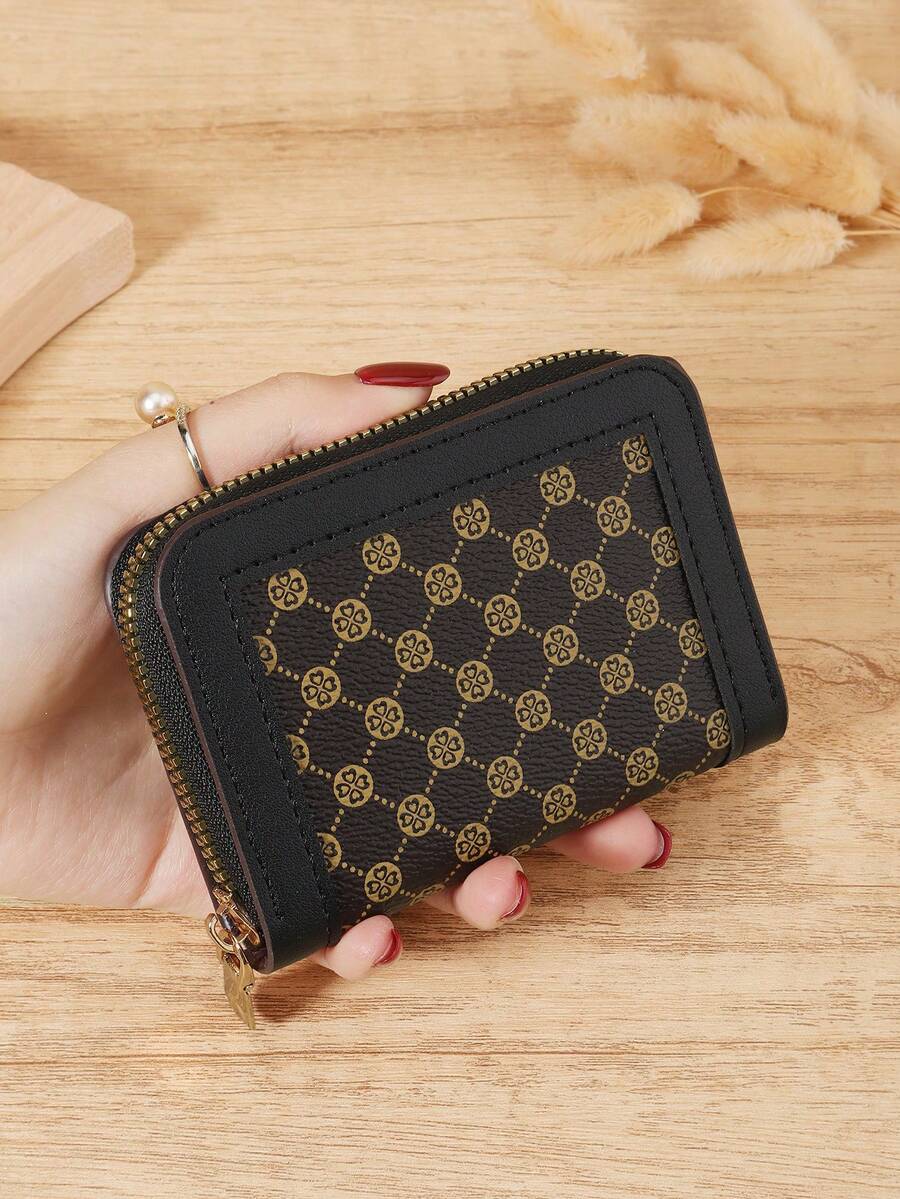 Fashionable Women's Simple Printed Short Wallet Handbag Zipper, Coin Wallet Fashionable Zipper Credit Card Storage Bag, Women's Wallet Card Bag - Coffee - View 1