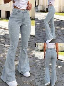 Celana Jeans Wanita Model Flare Pinggang Tinggi, Dihiasi Rhinestones, Kain Tenun Elastis Sedang, Desain Celana Panjang, Dengan Resleting dan Saku, Pilihan Sempurna untuk Musim Gugur - Light Wash - View 11