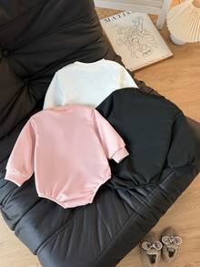 Autumn/Winter Baby Girl 3 Pieces Heart Print Bodysuit Set, Black White Pink Long Sleeve Romper Outfit - Multicolor - View 2