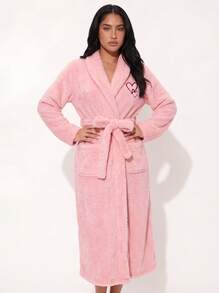 Autumn/Winter Flannel Embroidered Heart Print Long Robe, Sweet Romantic Tie-Waist Bathrobe Loungewear For Women - Pink - View 1