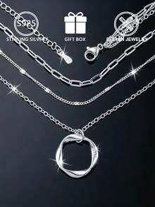 1pc Luxury S925 Sterling Silver 3-Layer Stacked Mobius Necklace, Gold & Silver Color, Women's High-End Collarbone Chain - Silver - View 5