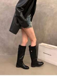 Cool Chic Multi-Buckle Decor High-Top Women's Boots Square Toe Ruched Fabric Shaft Casual Long Boots - Black - View 4