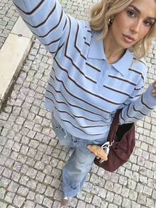 Women's Fashion Polo Collar Colorblock Button Knit Top, Long Sleeve Casual Sweater, Suitable For Autumn/Winter Daily Wear - Blue - View 11