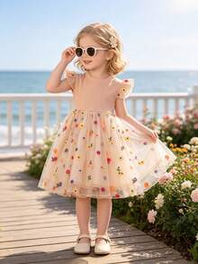 Young Girls' Casual Vacation Style Colorful Floral Embroidery Mesh Long Sleeve Dress, Suitable For Summer Wear - Dusty Pink - View 4