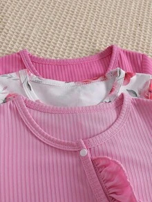 3pcs Baby Girl Casual Floral Print And Solid Color Button Long Sleeve Rompers, Newborn Bodysuits Perfect For Toddler Daily Wear - Pink - View 3