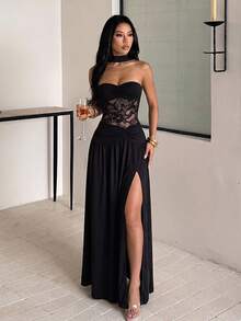 Sleeveless Low-Cut Black Knit Strapless Dress With Contrast Lace And High Slit, Fitted Sexy Dress, Perfect For Formal Occasions And Parties - Black - View 5