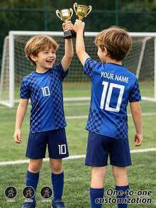 [Customized]Fashionable & Comfortable Round Neck Sports Jersey Set With Custom Name, #10 Star Player Style Football Jersey, Kids Unisex Soccer Sports Jersey With Burnout Design, Round Neck Short Sleeve & Shorts 2 Pieces Set - Blue - View 5