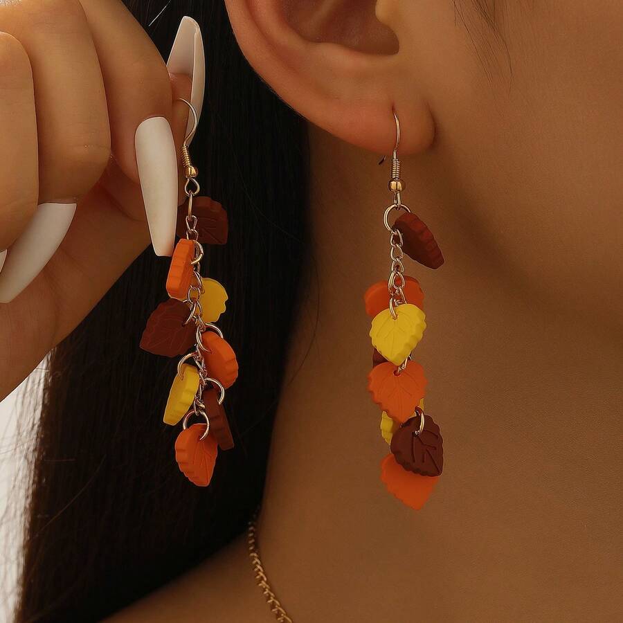 1 Pair Autumn Unique Style Gently Falling Leaf Earrings, Personalized Small Acrylic Leaf Texture Ear Hooks Ear Jewelry (Without Card) - Multicolor - View 1