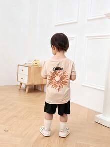 Baby Boy Street Style T-Shirt, "Sleeping In The Sunshine" Sun Print Short Sleeve Top, Soft, Suitable For Daily Play And Outdoor Activities - Apricot - View 3