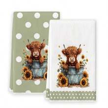 2pcs/Set Highland Cow Pattern Towel Set, Soft Kitchen Towels, Absorbent Quick-Drying Hand Towels, Christmas Decoration, Suitable For Bathroom, Kitchen, Bedroom And Other Home Decor, Holiday Gift For Friends And Family - Green - View 8