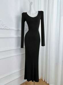 Women's Sexy V-Neck Slimming Flattering Sweet Cool Fitted Bodycon Mermaid Dress - Black - View 6
