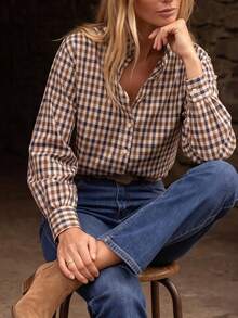 Women's Vintage Gingham Button-Down Shirt, Oversized Relaxed Fit Long Sleeve Blouse For Casual Everyday Wear - Brown and Blue Plaid - View 6